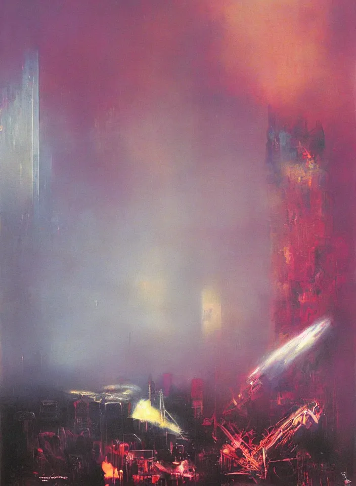 Image similar to 9 / 1 1 terror attack, red and purple palette, volume light, fog, by wayne thiebaud by ( h. r. giger ) and paul lehr