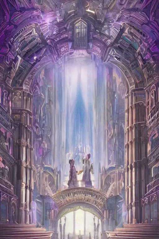 Prompt: The entrance to an imposing and magnificent quartz crystal palace, quartz crystal, amethyst, opal, iridescent colors, matte-painting, Beautiful architecture, Stairway, Massive decorated doors, Statues, Atmosphere, Dramatic lighting, Epic composition, Wide angle, by Miyazaki, Nausicaa Ghibli