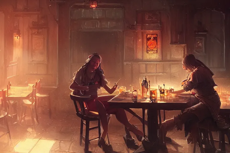 Image similar to a lone patron nurses a drink at a d & d tavern, by greg rutkowski and anna podedworna, artstation