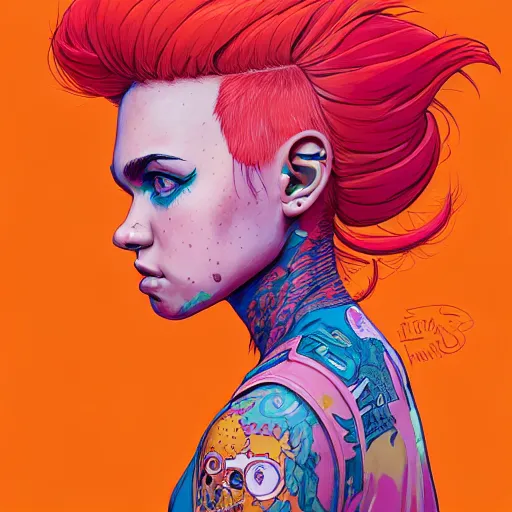 Image similar to portrait painting of a teenage girl with swept back wild orange hair and punk clothes, sharp focus, award - winning, trending on artstation, masterpiece, highly detailed, intricate. art by josan gonzales and moebius and deathburger