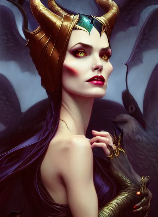 Image similar to maleficent, amber eyes, face, long hair, fantasy, intricate, elegant, highly detailed, digital painting, artstation, concept art, smooth, sharp focus, illustration, art by artgerm and greg rutkowski and alphonse mucha