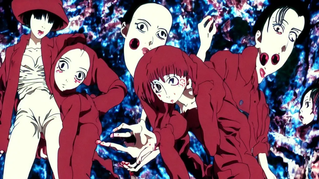 Prompt: french voguing dance horror movie, anime film still from the an anime directed by katsuhiro otomo with art direction by salvador dali, wide lens