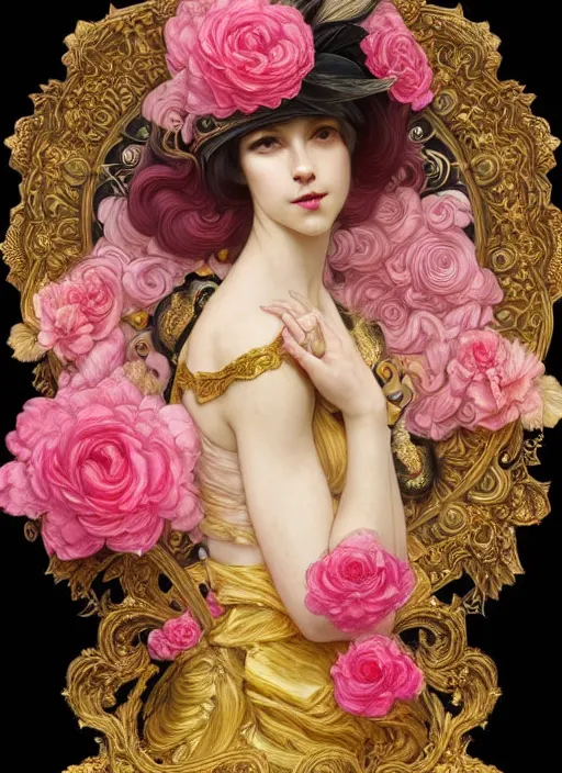 Image similar to beautiful black pink yellow, complicated gold and pink flowers in baroque style headwears, dark fantasy, intricate, elegant, highly detailed, digital painting, artstation, concept art, matte, 3 d 8 k octane rendered, sharp focus, illustration, octane rendered, art by artgerm and alphonse mucha, leesha hannigan