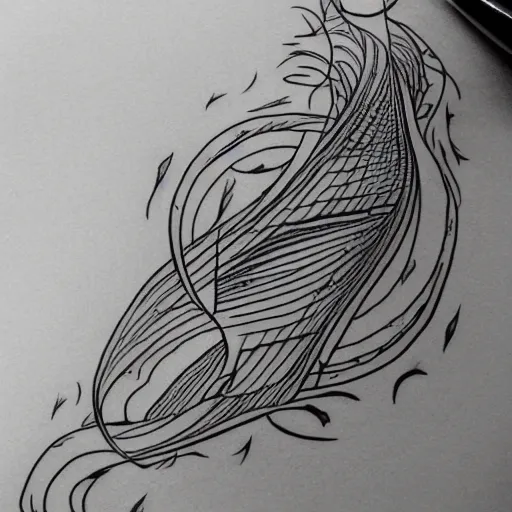 Prompt: tattoo sketch of a sea, on a yellow paper, ornamental, line art, minimalism, tatto for leg