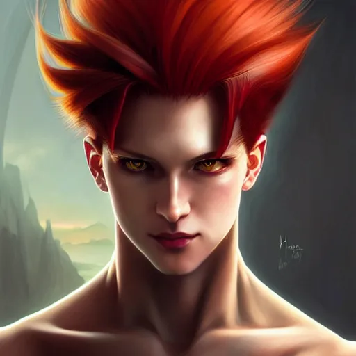 Prompt: portrait of hisoka morow hunter hunter, male, extremely sharp jaw yellow eyes narrow almond sultry eyes red hair soft bunched hair swept back crimson medium length hair, anime, fantasy, intricate, elegant, highly detailed, digital painting, artstation sharp focus, madonna art by artgerm and greg rutkowski and alphonse mucha