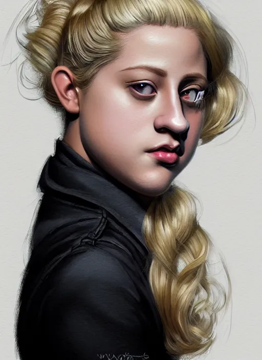 Image similar to full body portrait, teenage lili reinhart, blonde hair, obese, bangs, ponytail, sultry, realistic, sultry smirk, fluffy bangs, curly bangs, fat, belly, intricate, elegant, highly detailed, digital painting, artstation, concept art, smooth, sharp focus, illustration, art by wlop, mars ravelo and greg rutkowski