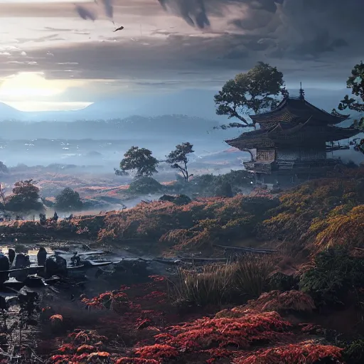 Prompt: ghost of tsushima landscape, highly detailed, hyperrealistic, cgsociety