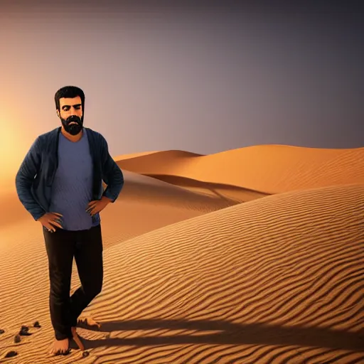 Image similar to real life photo of a Syrian man, short dark hair, goatee and moustache, blue watery eyes, full round face, short smile, serene desert setting, cinematic lightning, medium shot, mid-shot, highly detailed, trending on artstation, Unreal Engine 4k, 80mm, 85mm, cinematic wallpaper