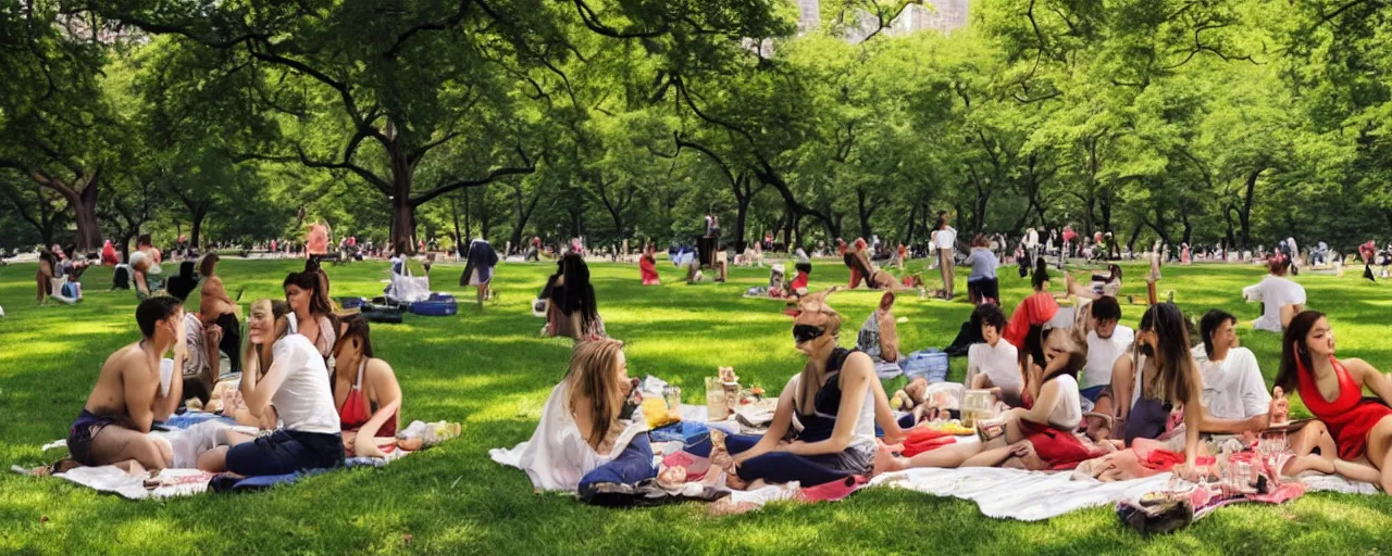 Image similar to a young generation z group of friends having a picnic in a central park manhattan new york on friday mid - summer of 2 0 2 2, in the style of an edward hopper painting