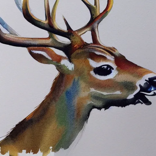 Prompt: water color and pen, high resolution, detailed, trending on artstation, deer