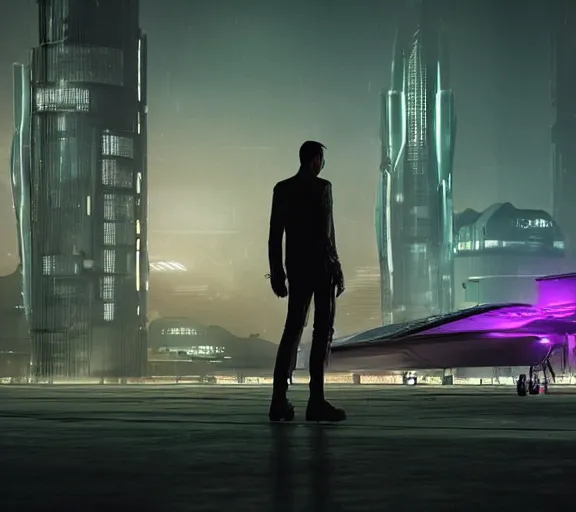 Prompt: man stands beside futuristic sci fi jet landed at runway of cyberpunk city, night photo ,dark cinematic lighting , digital concept art