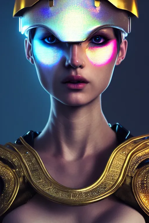 Prompt: hyperdetailed portrait of one stunningly beautiful european girl androgynous guard made of iridescent metals, smoke, leds, inspired by helmet newton, ross tran and wlop and masamune shirow and kuvshinov, concept art, intricate, photorealistic, octane render, rtx, hdr, unreal engine, dnd digital art by artgerm fine face