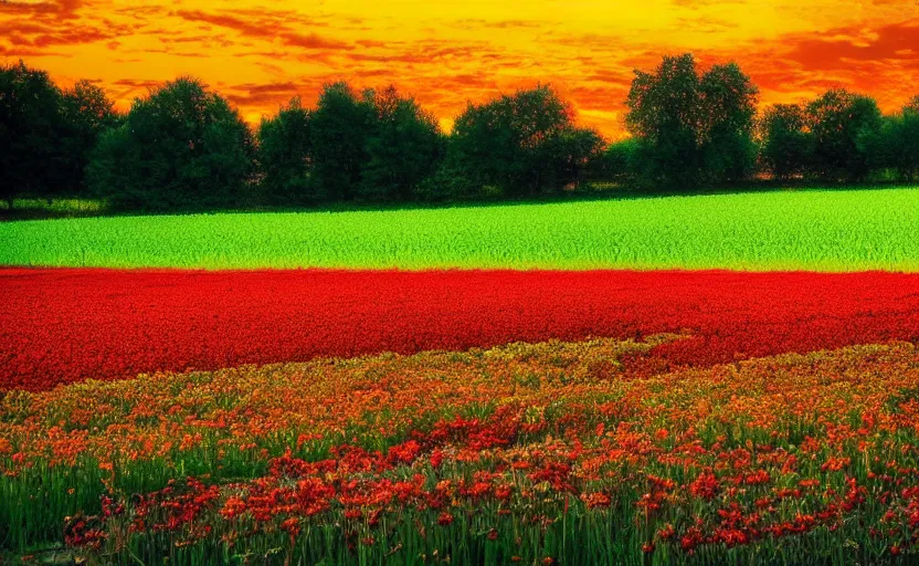 Prompt: a beautiful landscape in the netherlands with a flower field at sunset, in the style of peter graham