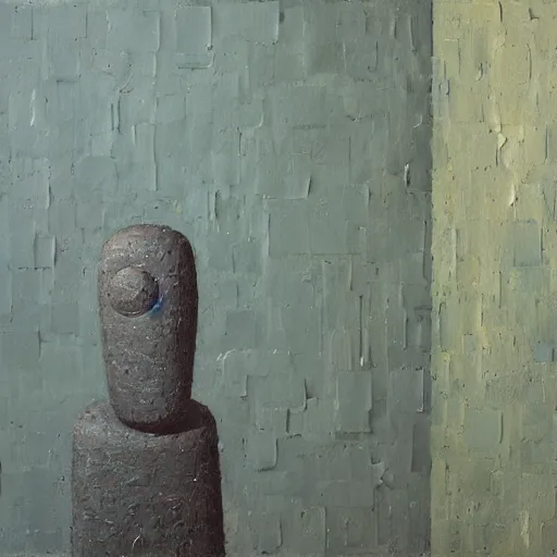 Prompt: an impasto detailed painting by shaun tan of an abstract forgotten sculpture by the caretaker and ivan seal