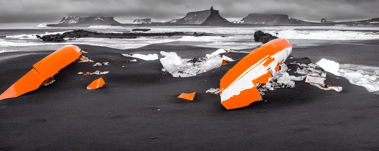 Image similar to cinematic shot of giant orange and white military spacecraft wreckage on an endless black sand beach in iceland with icebergs in the distance, 2 8 mm, shockwave