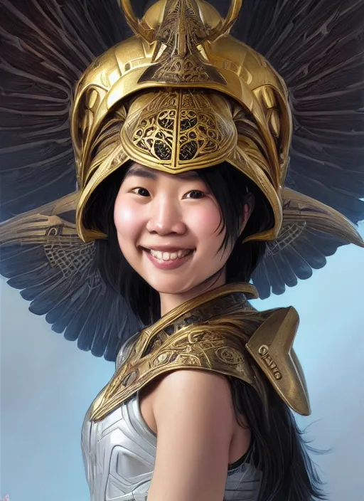 Prompt: Close-up portrait of smiling young asian woman wearing a winged helmet and black armor with skulls, holding a magic staff, portrait, highly detailed, digital painting, artstation, concept art, sharp focus, illustration, art by artgerm and greg rutkowski and alphonse mucha