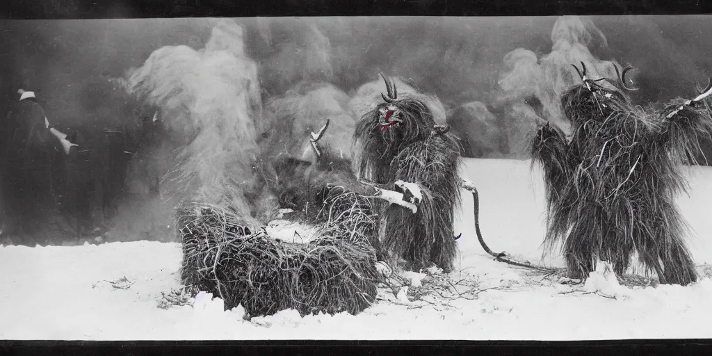 Image similar to 1 9 2 0 s photography of krampus hay monster burning on a pyre, submerged in snow