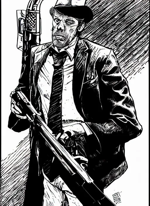 Prompt: hugh laurie firing a shotgun, by steampoweredmikej, by tim bradstreet, inktober, ink drawing, black and white, coloring pages, manga, highly detailed