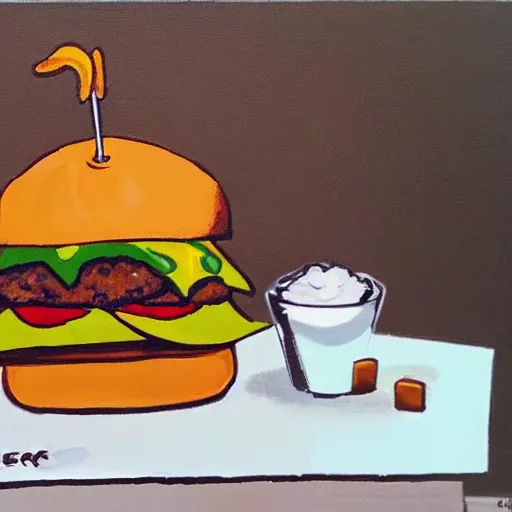 Image similar to a happy cow eating a cheeseburger, high art