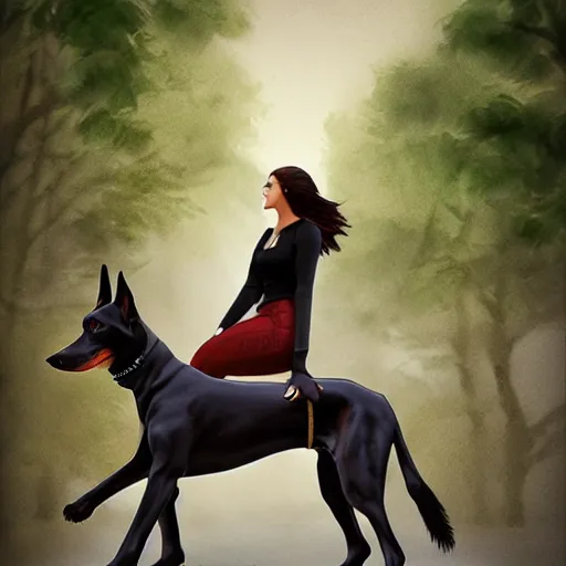 Image similar to girl riding a giant doberman in the park, trending on artstation