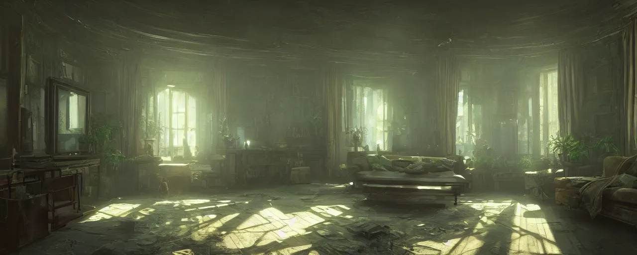 Image similar to interior of a house faintly lit by green lights, 8 k uhd, unreal engine, octane render in the artstyle of finnian macmanus, john park and greg rutkowski