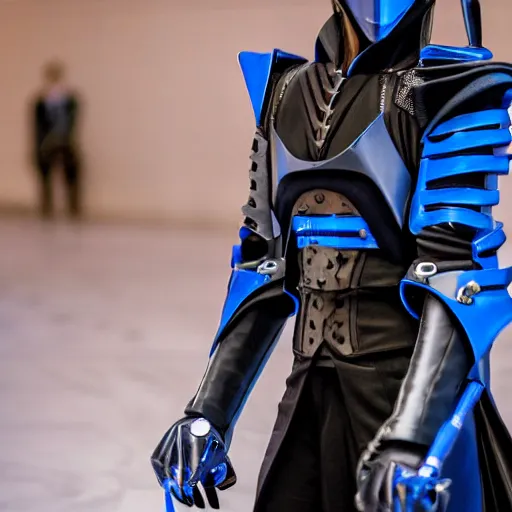 Image similar to low angle upper view of Austin Butler dressed in dark-blue-futuristic-baroque duelist-garb and carbon-armor, standing in an arena, XF IQ4, f/1.4, ISO 200, 1/160s, 8K, RAW, unedited, symmetrical balance, face in-frame