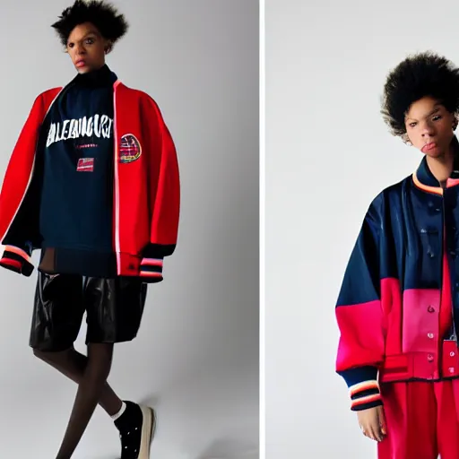 Image similar to realistic photoshooting for a new balenciaga lookbook, color film photography, portrait of a beautiful woman, model is wearing a varsity jacket, in style of tyler mitchell, 3 5 mm,