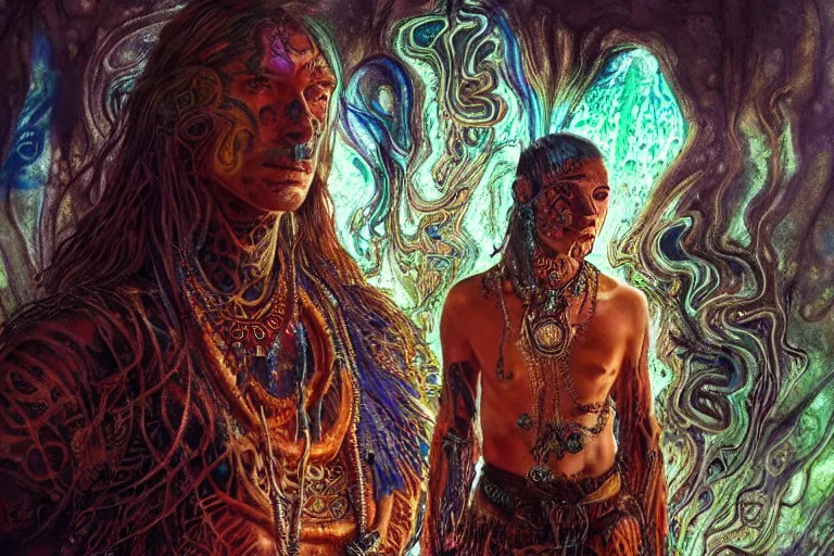 Image similar to psychedelic shaman with trinket necklace, epic angle and pose, reflective pool, symmetrical artwork, ayahuasca, translucent, fungus, energy flows of water and fire, highly detailed, epic cinematic concept art, excellent composition, dystopian brutalist atmosphere, dynamic dramatic lighting, aesthetic, very inspirational, arthouse, Greg Rutkowski, Artgerm