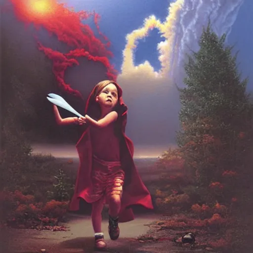 Image similar to a disappearing running child holding scissors in hand disappears evaporates dissolves into vapor, mist, smoke, blood drops and spatteer, a detailed matte painting by John Philip Falter and Jason Edmiston