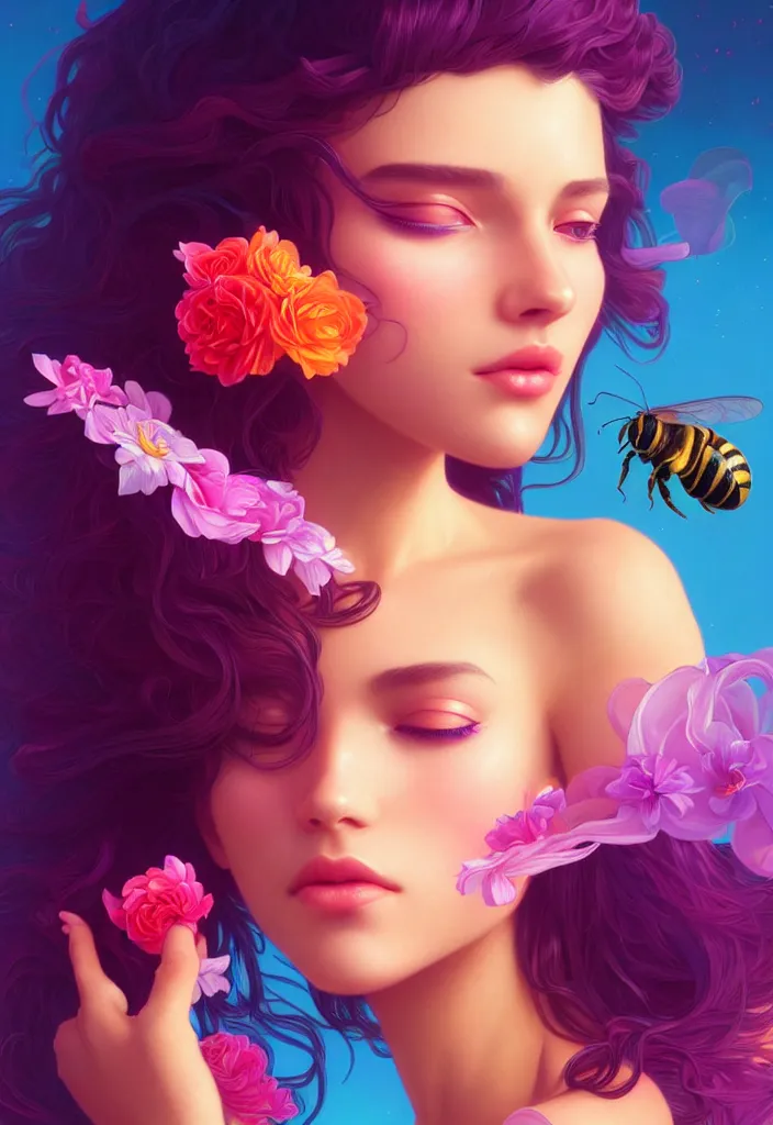 Prompt: young beautiful woman, gorgeous face, vaporwave aesthetic, synthwave, colorful, psychedelic, artstation, flowers, bees, ribbons, concept art, smooth, extremely sharp detail, finely tuned detail, 8 k, unreal engine 5, ultra sharp focus, illustration, art by artgerm and greg rutkowski and alphonse mucha