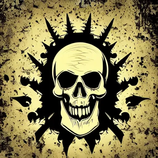 Image similar to dark death metal themed vector illustration for a record label, trees. forest, spikes, skull, microphone, skull, award winning, grunge, iconic, golden ratio