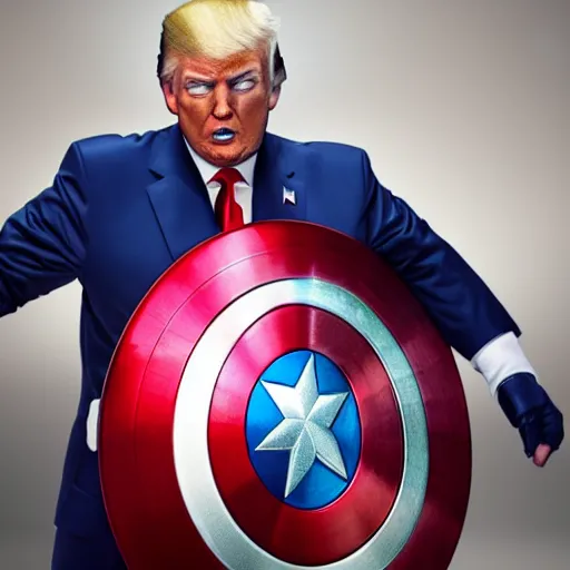 Image similar to Donald Trump cast as Captain America, still from marvel movie, hyperrealistic, 8k, Octane Render,