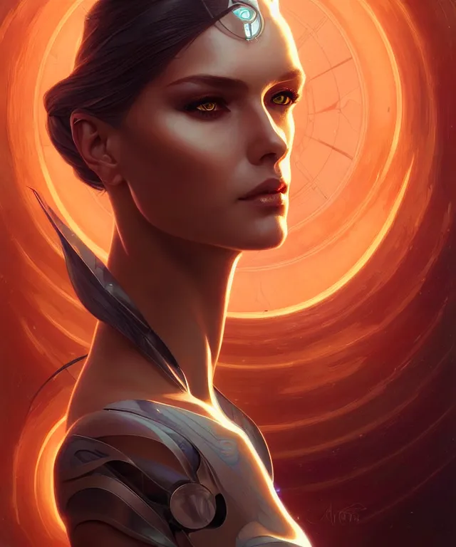 Image similar to futuristic woman portrait, sci-fi, amber eyes, face, long hair, fantasy, intricate, elegant, highly detailed, digital painting, artstation, concept art, smooth, sharp focus, illustration, art by artgerm and greg rutkowski and alphonse mucha