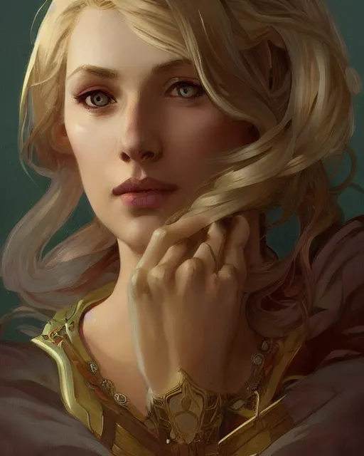 Image similar to '' Portrait of Beautiful blonde Slavic woman in her early 30’s, league of legends, LOL, fantasy, d&d, digital painting, artstation, concept art, sharp focus, illustration, art by greg rutkowski and alphonse mucha ''