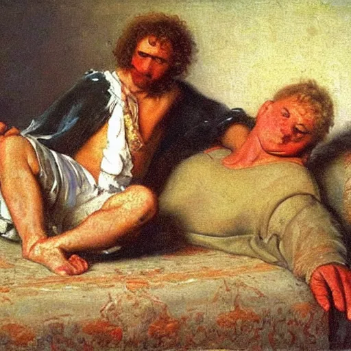 Image similar to curly haired australian greaving the loss of his toe nail in the style of ivan the terrible and his son ivan on 1 6 november 1 5 8 1 a painting by russian realist artist ilya repin
