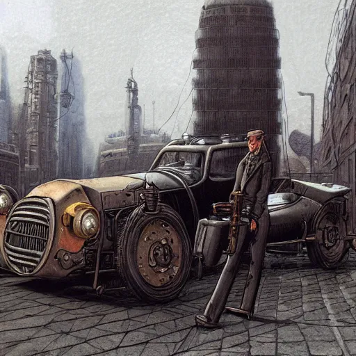 Prompt: a man standing next to a car in brutalist city, dieselpunk style, steampunk, jean giraud, moebius, francois schuiten, illustration, drawing, painting, clean lines, digital art, detailed, artstation, hd, 8 k, 4 k