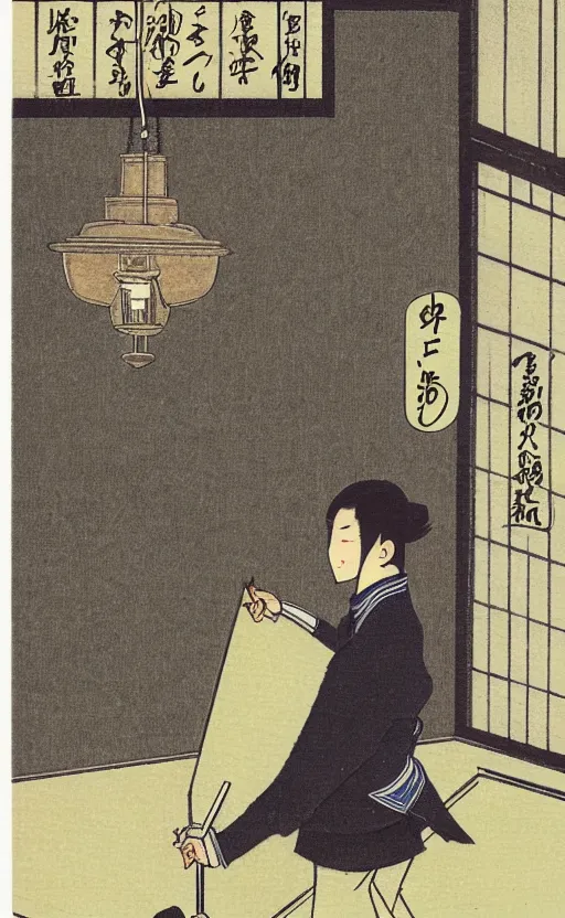 Image similar to by akio watanabe, manga art, a male calligrapher writing next to a lamp, inside japanese castle, trading card front, realistic anatomy