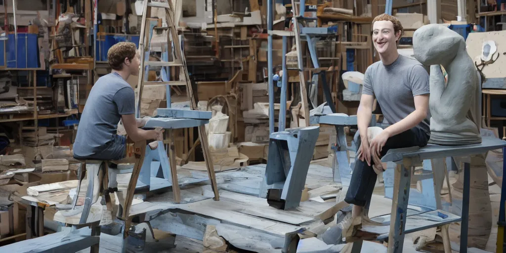 Image similar to mark zuckerberg sitting on top of a ladder making a stop motion animation, giant clay sculptures, photorealistic