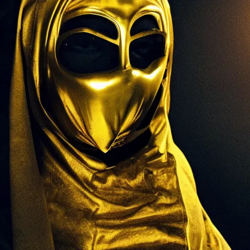 Prompt: big man, wearing a golden mask thats heart shaped.