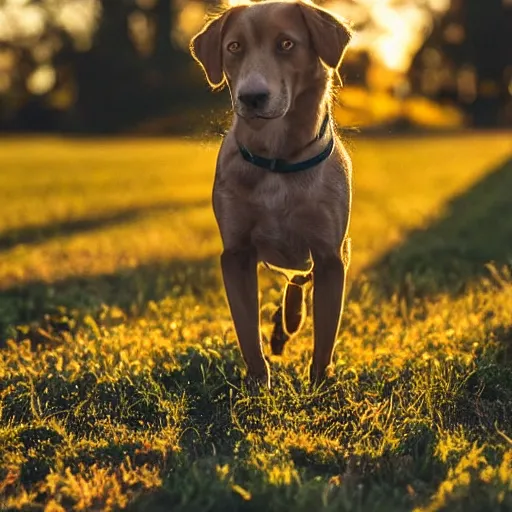 Prompt: highly detailed award winning photo at golden hour of a dog with human eyes