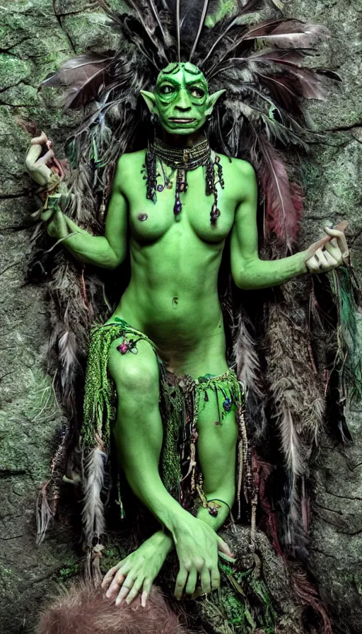 Prompt: An attractive goblin shaman with green skin, wearing an elaborate headdress with feathers and baubles. Arcane symbols, ancient ritual in a mossy cave
