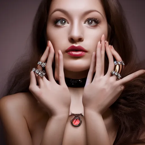 Image similar to Photo of a hand Jewellery model, bold, self confidence, cinematic, focus