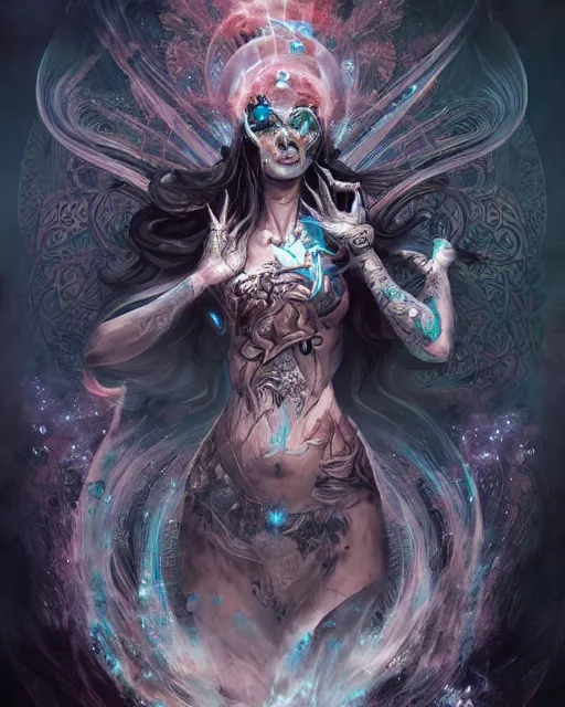 Prompt: goddess of death with full body tattoos, by nekro borja, peter mohrbacher, underwater psychedelic smoke, highly detailed, intricate, elaborate, illustration, sharp focus, artstation