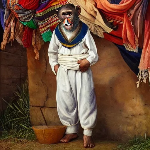 Prompt: beautiful painting by sophie anderson of a chimpanzee wearing traditional men kurdish clothes baggy pants and white shirt with a large sash tied around the waist in a kurdish village, award winning art, insanely detailed, bright colors, global illumination, cute, young, stunning