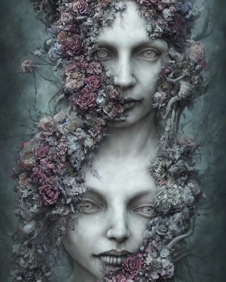 Prompt: a digital painting of the face of a gothic cemetery statue made of mist and flowers, Andrew Ferez, Charlie Bowater, Marco Mazzoni, Seb McKinnon, Ryohei Hase, Alberto Seveso, Kim Keever, trending on cgsociety, featured on zbrush central, new sculpture, mystical