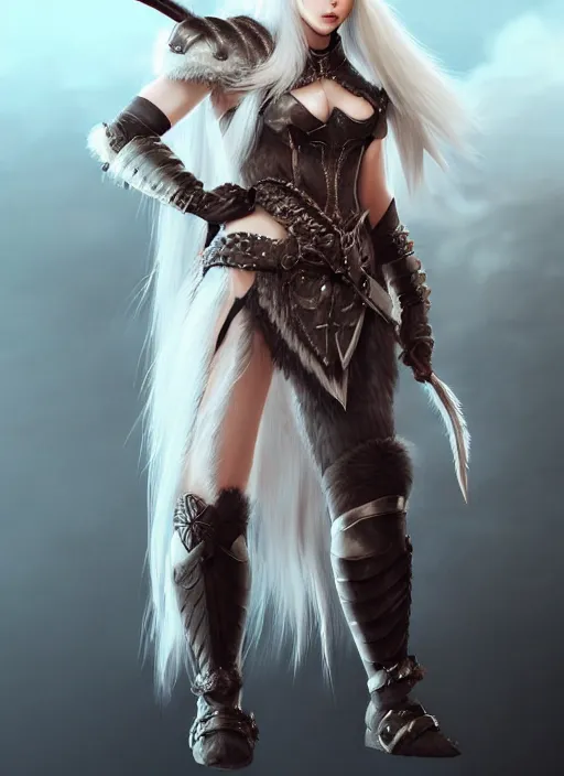 Image similar to barbarian, fur leather armor!!! beautiful and elegant white hair female!! gorgeous ayes!! character concept art, sharp focus, octane render! unreal engine 5! highly rendered!! trending on artstation!! detailed linework!! illustration by artgerm, wlop, and chie yoshii