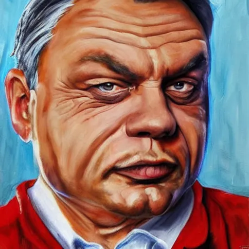 Image similar to old child paints a sausage and viktor orban on white paper, anatomically correct, oil painting, hyper realistic, 8 k highly detailed