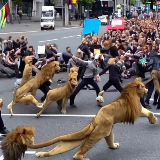 Prompt: News footage of New Zealand freedom protesters being chased by a pride of angry lions.