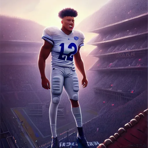 Image similar to highly detailed portrait of saquon barkley towering over a football stadium, unreal engine, fantasy art by greg rutkowski, loish, rhads, ferdinand knab, makoto shinkai and lois van baarle, ilya kuvshinov, rossdraws, tom bagshaw, global illumination, radiant light, detailed and intricate environment h 6 0 4