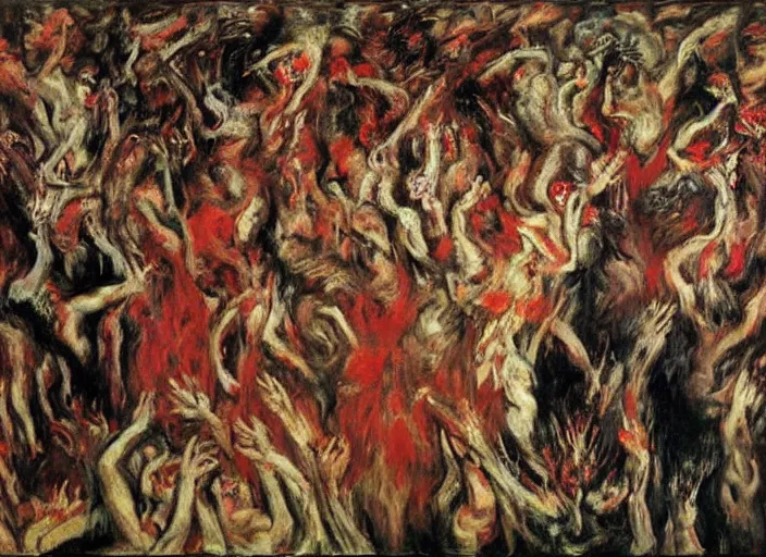 Image similar to mosh pit full of demons and beautiful women in hell ’ s nightclub, sfumato abstract oil on canvas, by rothko, by jackson pollock, by monet